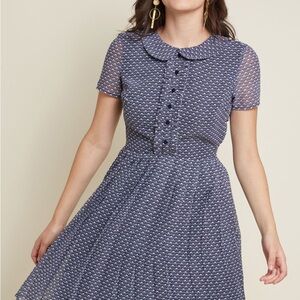 Navy Blue Fan Pattern Shirtdress